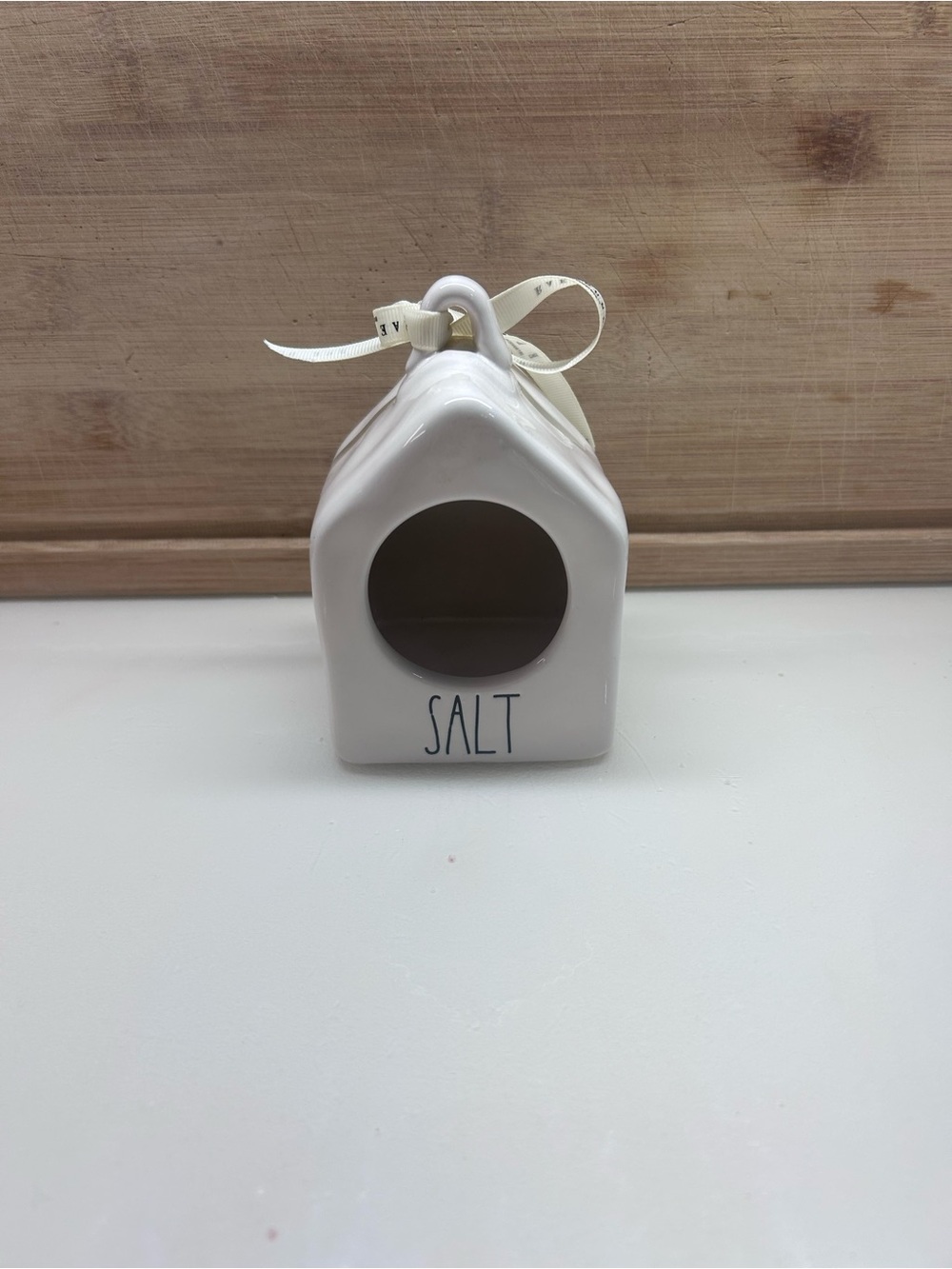Rae Dunn White Ceramic 'SALT' House Canister with Ribbon